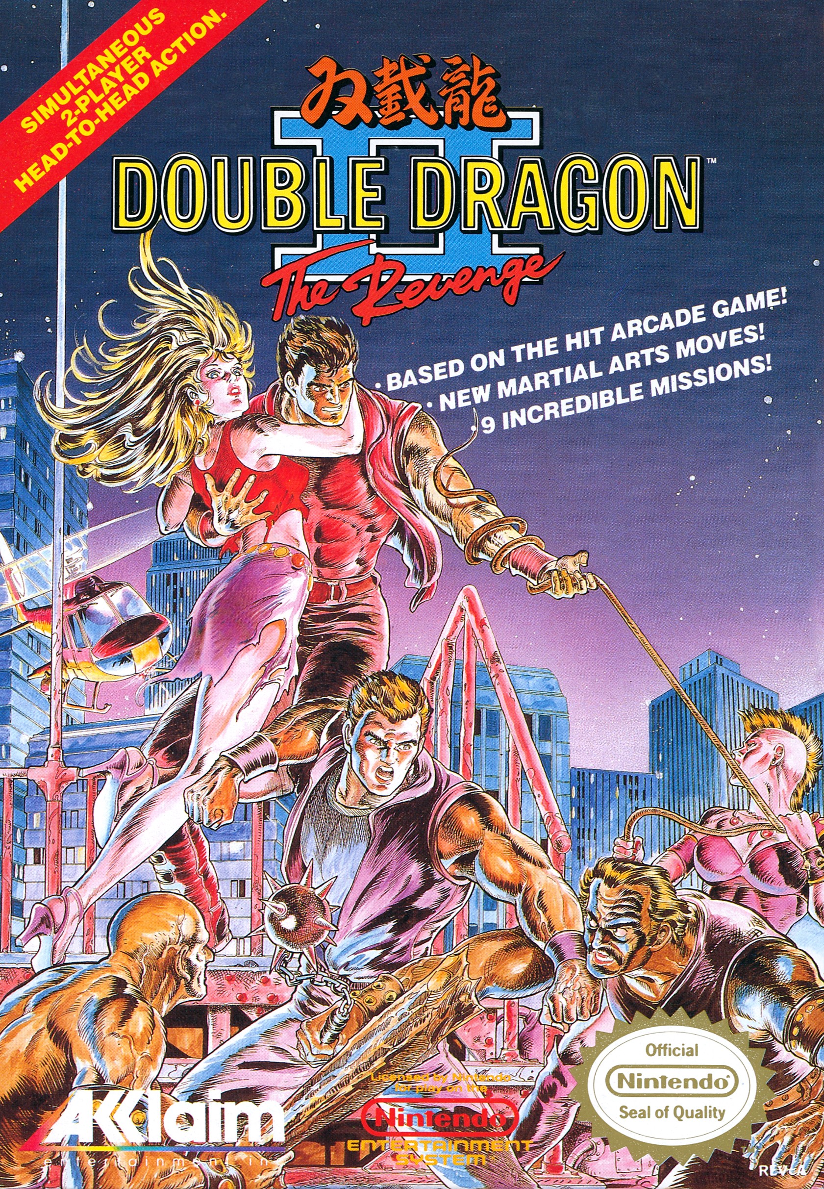 双截龙2：复仇 北美版 NES 盒装封面，Billy 与 Jimmy 摆出双龙拳架势
