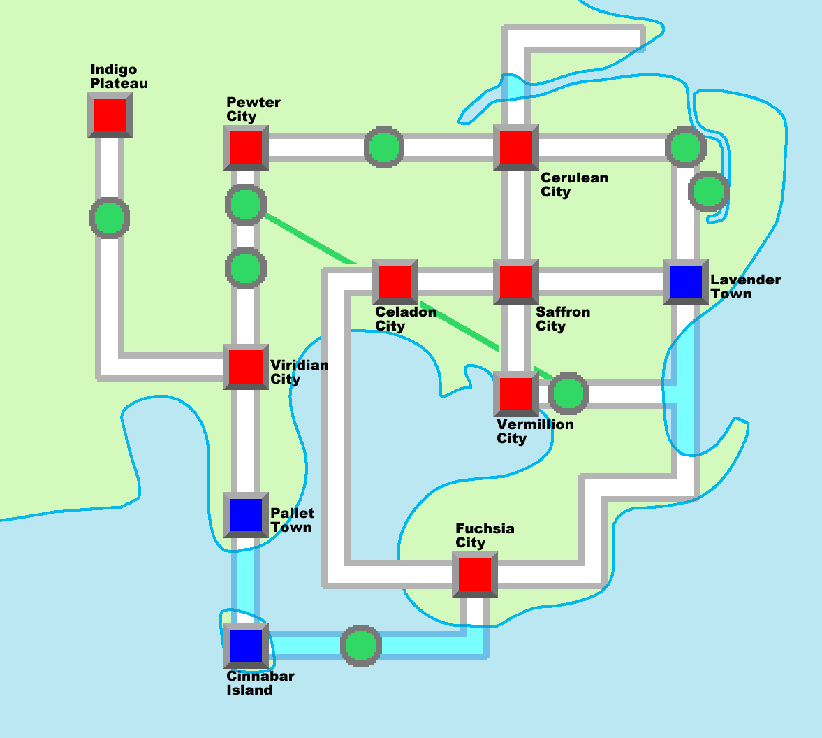 关都地区全图：真新镇、常青市、尼比市、华蓝市、枯叶市、紫苑镇、彩虹市、浅红市、金黄市、红莲岛与石英高原